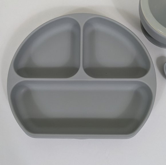 Bumkins 3 Piece Gray Silicone Baby Toddler Feeding Suction Plate Bowl and Spoon - Picture 3 of 7